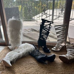White furry lace up boots